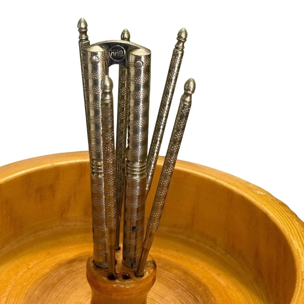 Vintage Wood Nut Bowl Bark Edge Nutcracker 5 Picks Rustic Mid Century Snack Set